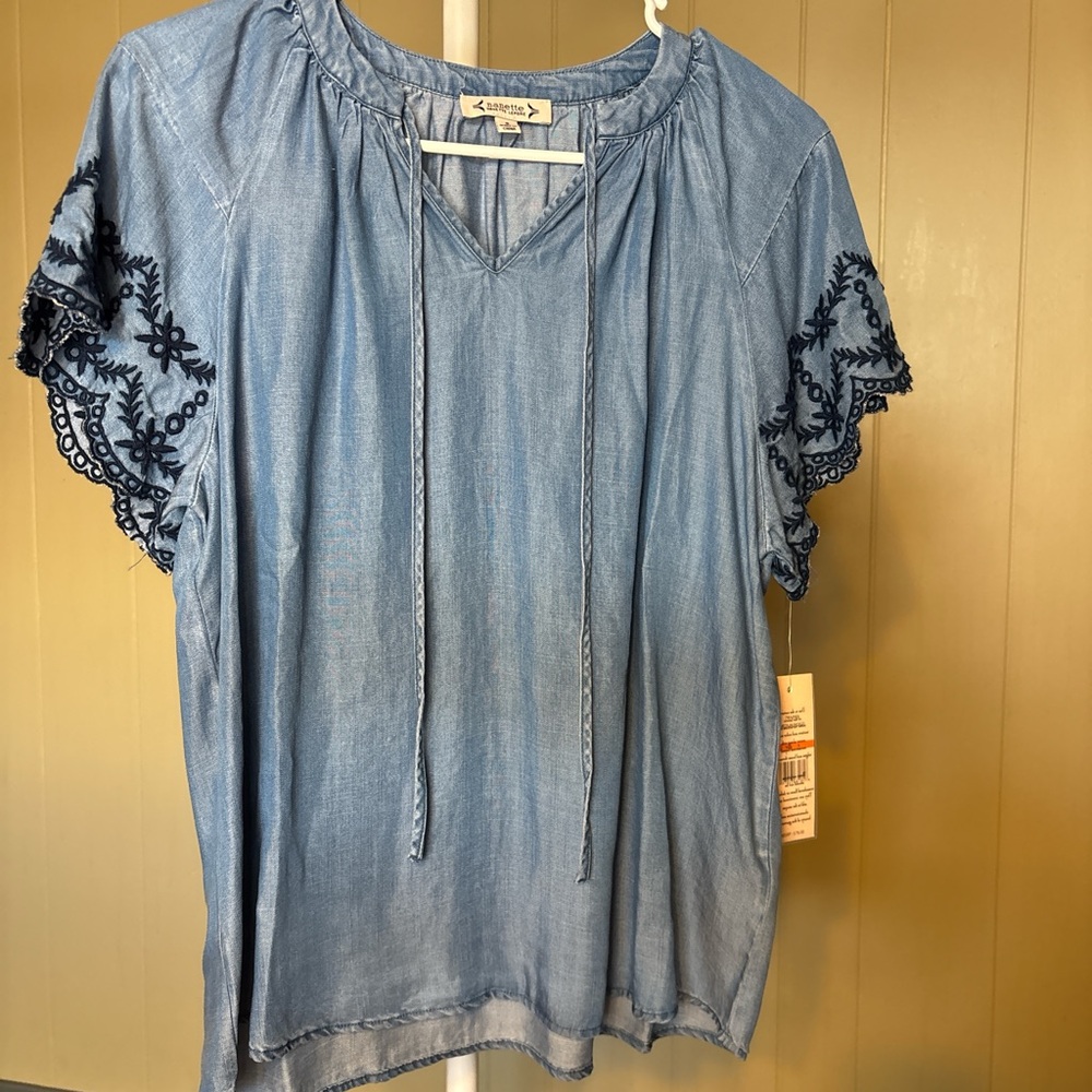 Nanette Lepore Light Blue Blouse with Black Lace Detail
